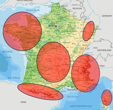 Carte de France, zones susceptibles de contenir de l'amiante environnemental